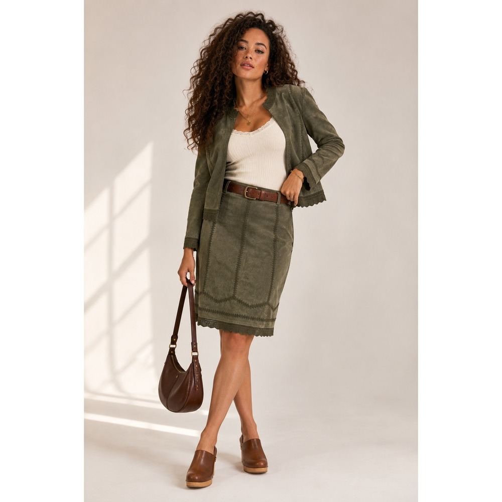 Y2K Provence d'amour green Suede Skirt Set XL 8